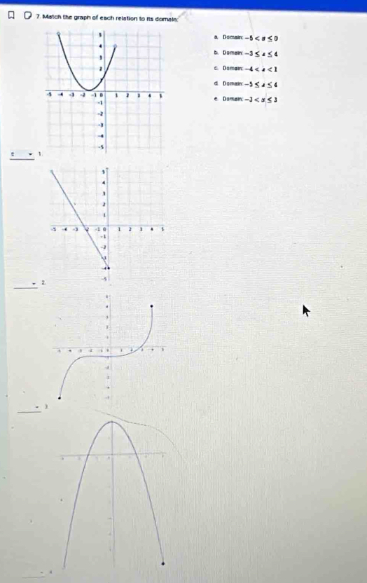 Match the graph of each relation to its domain:
a Domain -5
b. Domain -3≤ t≤ 4
c. Doman -4
d. Domain -5≤ d≤ 4
e Domain: -3
_
2
