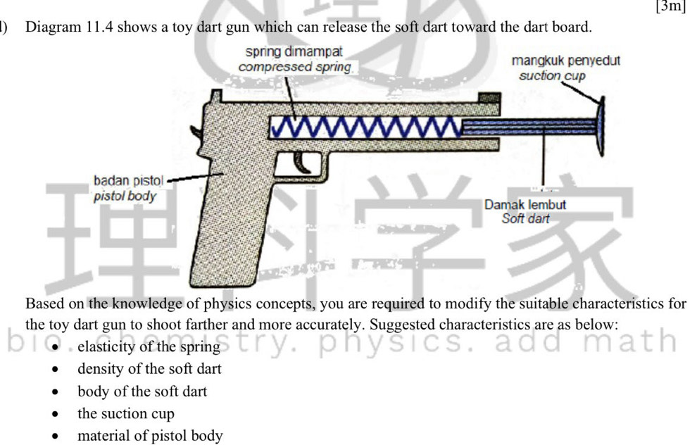 [3m]
l) Diagram 11.4 shows a toy dart gun which can release the soft dart toward the dart board.
Based on the knowledge of physics concepts, you are required to modify the suitable characteristics for
the toy dart gun to shoot farther and more accurately. Suggested characteristics are as below:
elasticity of the spring
density of the soft dart
body of the soft dart
the suction cup
material of pistol body