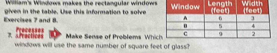 William's Windows makes the rectangular windows 
given in the table. Use this information to solve 
Exercises 7 and 8. 
Processes 
7. &Practices Make Sense of Problems Whic 
windows will use the same number of square feet of glass?