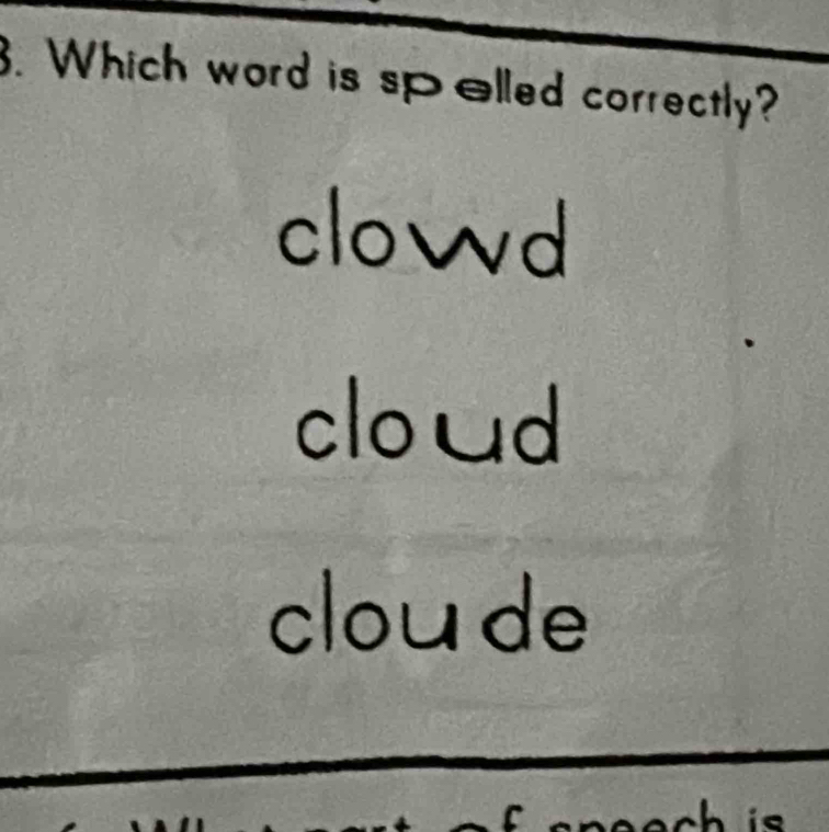 Which word is spelled correctly?
clowd
cloud
clou de
ch is