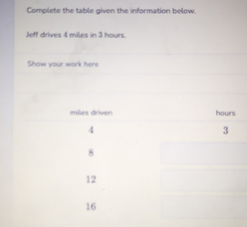 Complete the table given the information below.
Jeff drives 4 miles in 3 hours.
Show your work here
miles driven hours
4
3
8
12
16