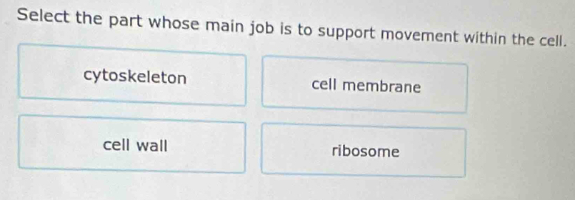 Select the part whose main job is to support movement within the cell.
cytoskeleton cell membrane
cell wall ribosome