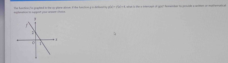 The function f is graphed in the xy -plane above. If the function g is defined by g(x)=f(x)+4 , what is the x-intercept of g(x)? Remember to provide a written or mathematical 
explanation to support your answer choice.