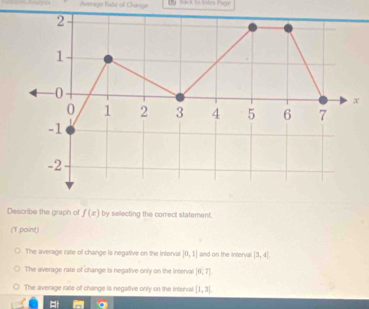 Average Rate of Change Back to Intro Page
Describe the graph of f(x) by selecting the correct statement.
(1 point)
The average rate of change is negative on the interval [0,1] and on the interval [3,4].
The average rate of change is negative only on the interval [6,7].
The average rate of change is negative only on the interval [1,3].