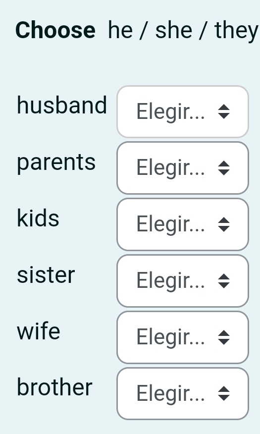 Choose he / she / they
husband Elegir...
parents Elegir...
kids
Elegir...
sister
Elegir...
wife
Elegir...
brother Elegir...