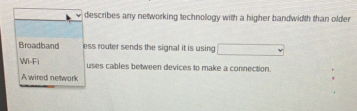 describes any networking technology with a higher bandwidth than older
Broadband ess router sends the signal it is using □ 
Wi-Fi uses cables between devices to make a connection.
A wired network