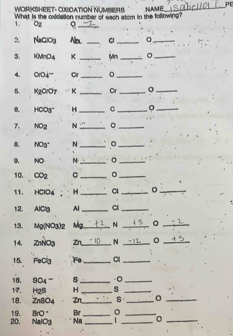 PE 
WORKSHEET- OXIDATION NUMBERS NAME 
_ 
What is the oxidation number of each atom in the following? 
1. 02 e_ 
2. NaClO3 Na. _GI_ 
_ 
3. KMnO4 K _Mn_ 
_。 
4. CrO4''' Cr _。_ 
6. K2CrO7 K _Cr _。_ 
6. HCO3~ H _C_ 
_。 
7. NO2 N _。_ 
8. NO3" N _。_ 
9. NO N._ 。_ 
10. CO2 C _ 。_ 
11. HClO4 H _CI_ 
_。 
12. AlCl3 Al_ Cl_ 
13. Mg (NO3) 2 Mg _ N_ 
。 _2 
14. ZnNO3 Zn_ N_ 
。 _+5 
15、 FeCl3 F_ Cl_ 
16. SO4 s_ 
_ 
17. H2S H _ s_ 
18. ZnSO4 Zn_ s_ 
_。 
19. BrO" Br _。_ 
20. NalO3 Na _1_ 
_。