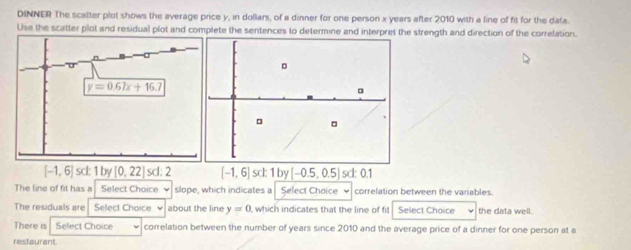 DINNER The scatter plot shows the average price y, in dollars, of a dinner for one person x years after 2010 with a line of fit for the data. 
Use the scatter plot and residual plot and complete the sentences to determine and interpret the strength and direction of the correlation. 
□ 
。
y=0.67x+16.7
。 
。
[-1,6] SC|' 1 by [0,22] sd:2 [-1,6] scl: 1by(-0.5,0.5) scl: 0.1
The line of fit has a Select Choice slope, which indicates a Select Choice correlation between the variables. 
The residuals are Select Choice v about the line y=0 , which indicates that the line of fit Select Choice the data well. 
There is Select Choice correlation between the number of years since 2010 and the average price of a dinner for one person at a 
restaurant.