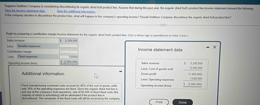 Suppose Smithers Company is considering discontinuing its organic dried fruit product line. Assume that during the past year, the organic dried fruit's product line income statement showed the following 
View the income statement data View the additional information. 
If the company decides to discontinue the product line, what will happen to the company's operating income? Should Smithers Company discontinue the organic dried fruit product line? 
Begin by preparing a contribution margin income statement for the organic dried fruit's product line. (Use a minus sign or parentheses to enter a loss.) 
Sales revenue $ 5,200,000
Less Variable expenses Income statement data 
× 
Contribution margin 
Less Fixed expenses 750000
Operating income (loss) $ (2,800,000) Sales revenue 
Less: Cost of goods sold 
Additional information Gross profit beginarrayr 1&4.70,000004 _ 1,300,00.00400 hline 1380.004 hline 1.00,00400 hline endarray
Less: Operating expenses 
Fixed manufacturing overhead costs account for 40% of the cost of goods, while Operating income (loss) 
only 30% of the operating expenses are fixed. Since the organic dried fruit line is 
just one of the company's fruit operations, only $750,000 of direct fixed costs (the 
majority of which is advertising) will be eliminated if the product line is 
discontinued. The remainder of the fixed costs will still be incurred by the company. 
Print Done