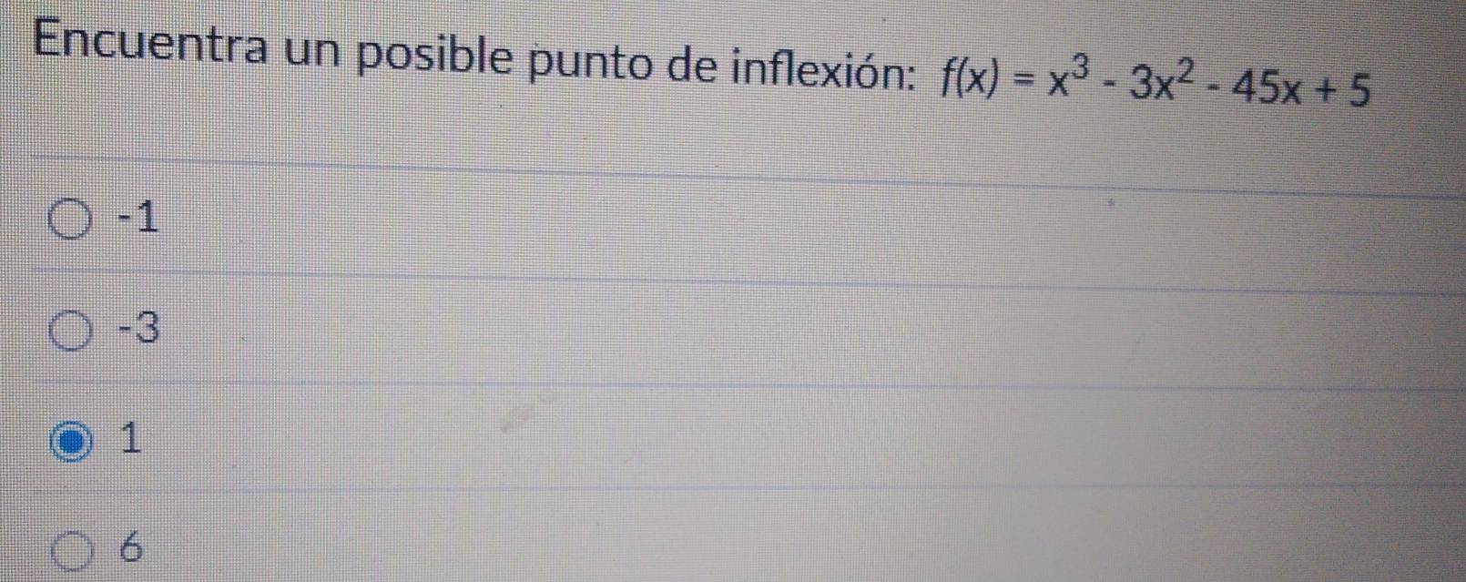 Encuentra un posible punto de inflexión: f(x)=x^3-3x^2-45x+5
-1
-3
1
6