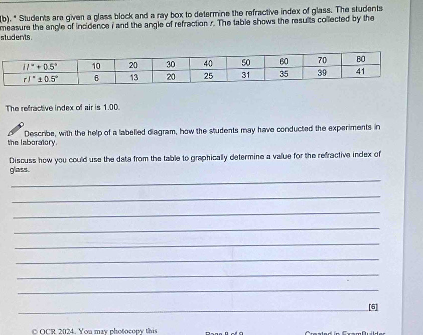 Students are given a glass block and a ray box to determine the refractive index of glass. The students
measure the angle of incidence i and the angle of refraction r. The table shows the results collected by the
students.
The refractive index of air is 1.00.
Describe, with the help of a labelled diagram, how the students may have conducted the experiments in
the laboratory.
Discuss how you could use the data from the table to graphically determine a value for the refractive index of
glass.
_
_
_
_
_
_
_
_
_
[6]
© OCR 2024. You may photocopy this   C reeted in EvamDuilder