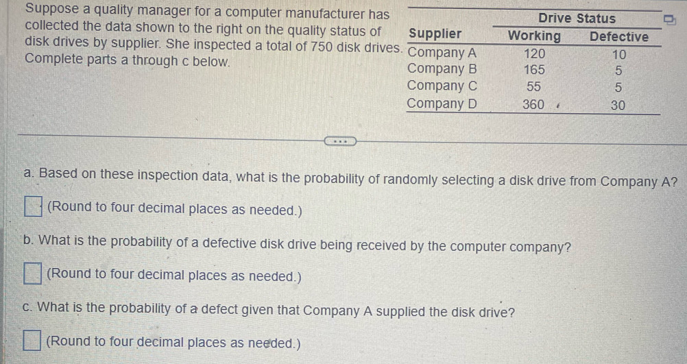 Suppose a quality manager for a computer manufacturer has 
collected the data shown to the right on the quality status of 
disk drives by supplier. She inspected a total of 750 disk driv 
Complete parts a through c below. 
a. Based on these inspection data, what is the probability of randomly selecting a disk drive from Company A? 
(Round to four decimal places as needed.) 
b. What is the probability of a defective disk drive being received by the computer company? 
(Round to four decimal places as needed.) 
c. What is the probability of a defect given that Company A supplied the disk drive? 
(Round to four decimal places as needed.)