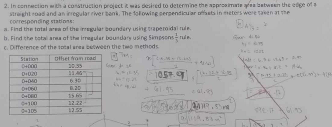 In connection with a construction project it was desired to determine the approximate area between the edge of a
straight road and an irregular river bank. The following perpendicular offsets in meters were taken at the
corresponding stations:
a. Find the total area of the irregular boundary using trapezoidal rule.
b. Find the total area of the irregular boundary using Simpsons  1/3  rule.
c. Difference of the total area between the two methods.
2