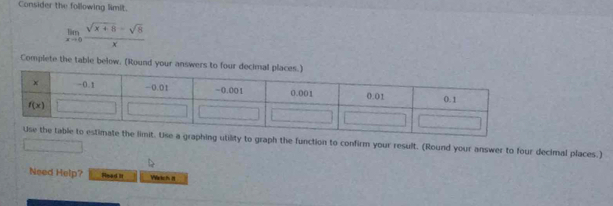 Consider the following limit.
limlimits _xto 0 (sqrt(x+8)-sqrt(8))/x 
Complete the table below. (Round your ans
t. Use a graphing utility to graph the function to confirm your result. (Round your answer to four decimal places.)
Need Help? Read II Wirtch it