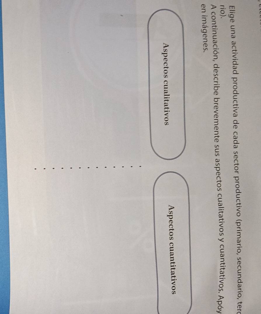 Elige una actividad productiva de cada sector productivo (primario, secundario, tero 
rio). 
A continuación, describe brevemente sus aspectos cualitativos y cuantitativos. Αpóy 
en imágenes. 
Aspectos cualitativos Aspectos cuantitativos