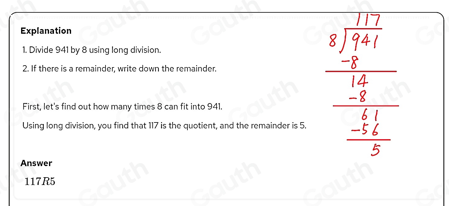 Solved: Compute 941/ 8. Enter your answer using remainder notation, if ...