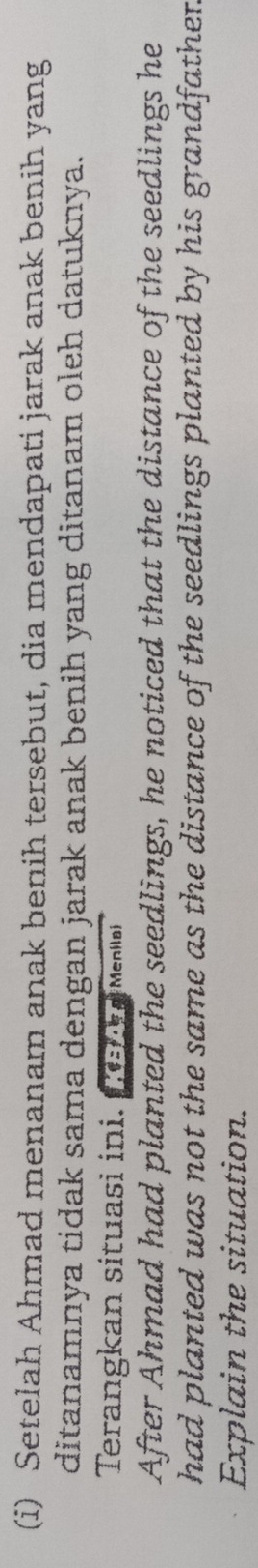 Setelah Ahmad menanam anak benih tersebut, dia mendapati jarak anak benih yang 
ditanamnya tidak sama dengan jarak anak benih yang ditanam oleh datuknya. 
Terangkan situasi ini. C a Menlløi 
After Ahmad had planted the seedlings, he noticed that the distance of the seedlings he 
had planted was not the same as the distance of the seedlings planted by his grandfathen . 
Explain the situation.