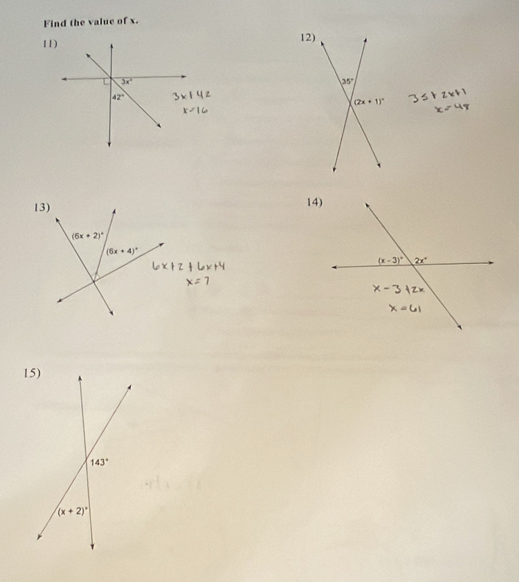 Find the value of x.
11)12)
14)