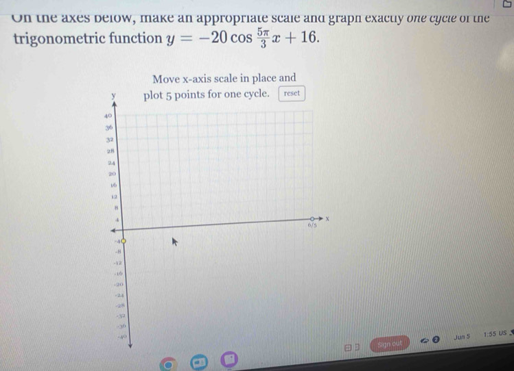 On the axes below, make an appropriate scale and graph exactly one cycle of the 
trigonometric function y=-20cos  5π /3 x+16. 
Move x-axis scale in place and 
Jun S 1:55 uS 
Sign out