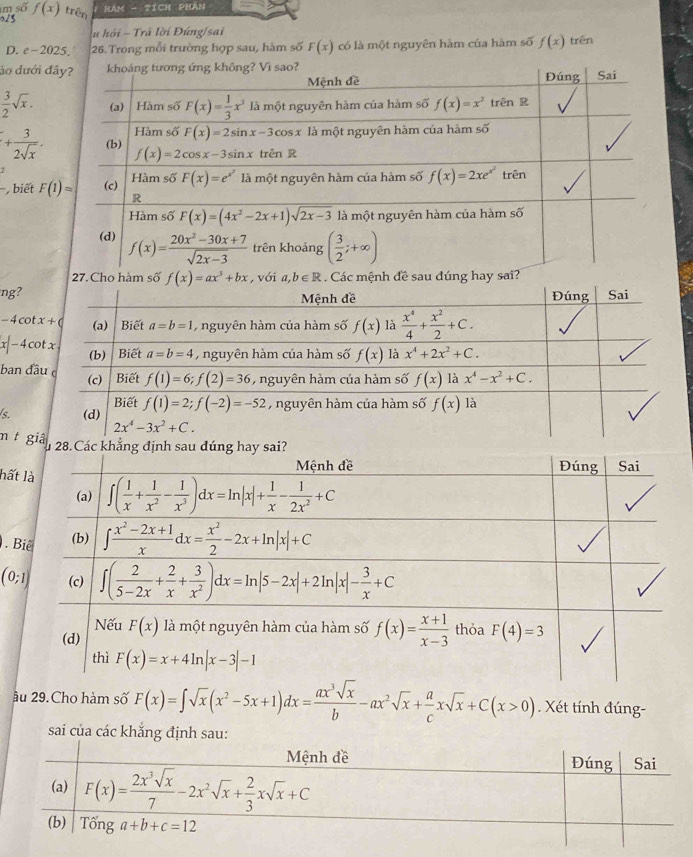 HAM - TICH PHAN
m số f(x) trên f(x)

hỏi - Trả lời Đúng/sai
D. e-2025 26. Trong mỗi trường hợp sau, hàm số F(x) có là một nguyên hàm của hàm số trên
ảo dưới đ
 3/2 sqrt(x).
+ 3/2sqrt(x) .
biết 
27. Cho hà f(x)=ax^3+bx , với ,b∈ R Các mệnh đề s
ng?
- 4 cot
x-4c
ban đ
s.
n t g
lấ
. 
âu 29.Cho hàm số F(x)=∈t sqrt(x)(x^2-5x+1)dx= ax^3sqrt(x)/b -ax^2sqrt(x)+ a/c xsqrt(x)+C(x>0). Xét tính đúng-
sai của các