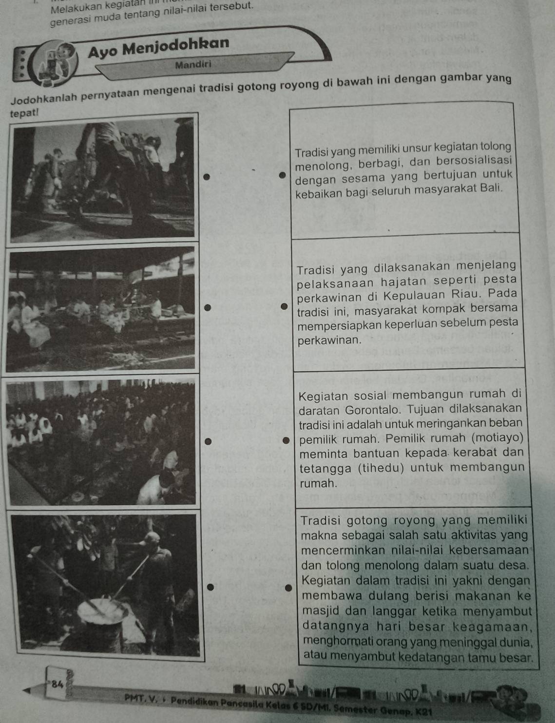 Melakukan kegiatán IIII 
generasi muda tentang nilai-nilai tersebut. 
Ayo Menjodohkan 
Mandiri 
Jodohkanlah pernyataan mengenai tradisi gotong royong di bawah ini dengan gambar yang 
tepa 
Tradisi yang memiliki unsur kegiatan tolong 
menolong, berbagi, dan bersosialisasi 
dengan sesama yang bertujuan untuk 
kebaikan bagi seluruh masyarakat Bali. 
Tradisi yang dilaksanakan menjelang 
pelaksanaan hajatan seperti pesta 
perkawinan di Kepulauan Riau. Pada 
tradisi ini, masyarakat kompak bersama 
mempersiapkan keperluan sebelum pesta 
perkawinan. 
Kegiatan sosial membangun rumah di 
daratan Gorontalo. Tujuan dilaksanakan 
tradisi ini adalah untuk meringankan beban 
pemilik rumah. Pemilik rumah (motiayo) 
meminta bantuan kepada kerabat dan 
tetangga (tihedu) untuk membangun 
rumah. 
Tradisi gotong royong yang memiliki 
makna sebagai salah satu aktivitas yang 
mencerminkan nilai-nilai kebersamaan 
dan tolong menolong dalam suatu desa. 
Kegiatan dalam tradisi ini yakni dengan 
membawa dulang berisi makanan ke 
masjid dan langgar ketika menyambut 
datangnya hari besar keagamaan, 
menghormati orang yang meninggal dunia, 
atau menyambut kedatangan tamu besar. 
84 

PMT. V. + Pendidikan Pancasila Kelas 6 SD/MI. Semester Genap, K21