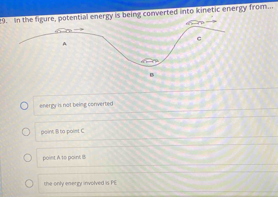 In the figure, potential energy is being converted into kinetic energy from...
energy is not being converted
point B to point C
point A to point B
the only energy involved is PE