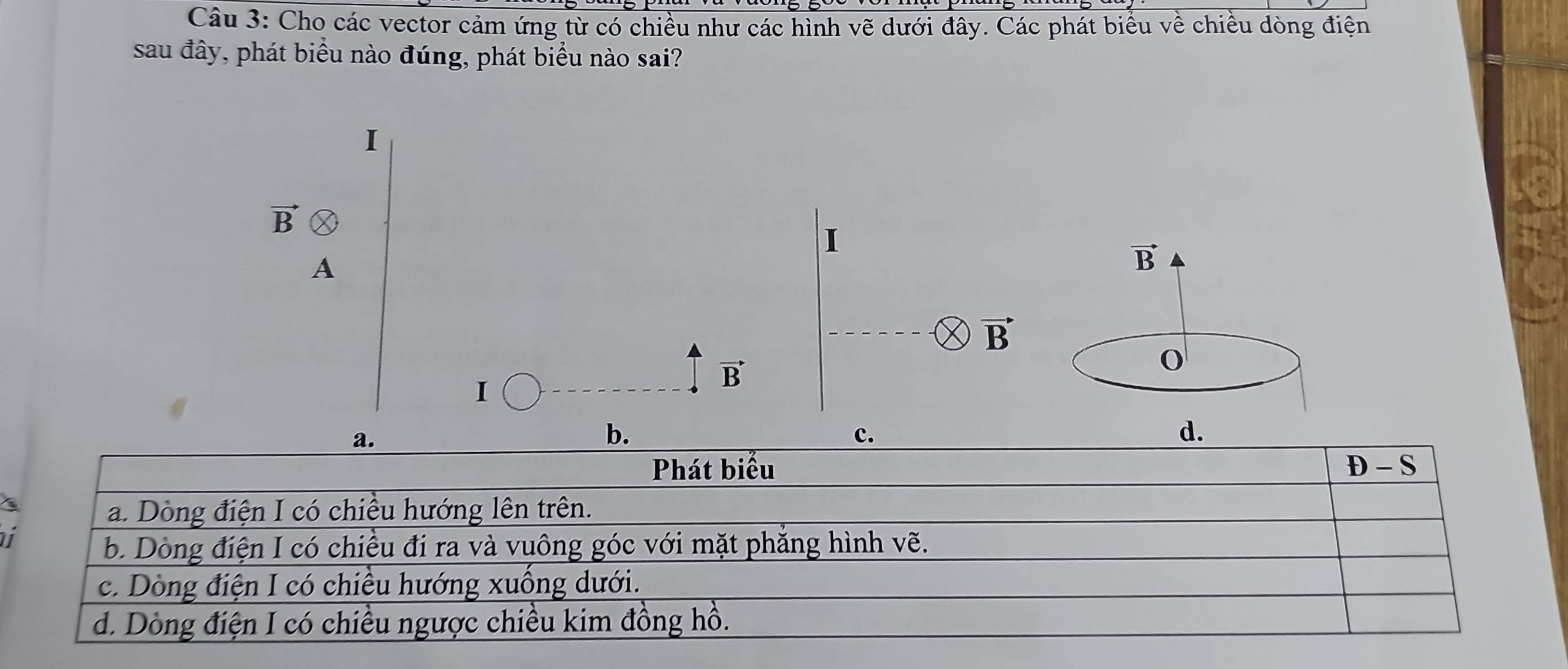 Cho các vector cảm ứng từ có chiều như các hình vẽ dưới đây. Các phát biểu về chiều dòng điện
sau đây, phát biểu nào đúng, phát biểu nào sai?
I
vector B
I
A
vector B
vector B
I
vector B
i