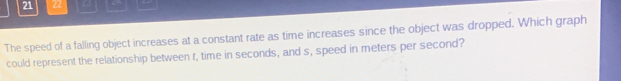 21 22 ^ 
The speed of a falling object increases at a constant rate as time increases since the object was dropped. Which graph 
could represent the relationship between t, time in seconds, and s, speed in meters per second?