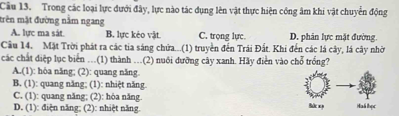 Trong các loại lực dưới đây, lực nào tác dụng lên vật thực hiện công âm khi vật chuyển động
trên mặt đường nằm ngang
A. lực ma sát. B. lực kéo vật. C. trọng lực. D. phản lực mặt đường.
Cầu 14. Mặt Trời phát ra các tia sáng chứa...(1) truyền đến Trái Đất. Khi đến các lá cây, lá cây nhờ
các chất điệp lục biển ...(1) thành ...(2) nuôi dưỡng cây xanh. Hãy điền vào chỗ trống?
A.(1): hóa năng; (2): quang năng.
B. (1): quang năng; (1): nhiệt năng.
C. (1): quang năng; (2): hóa năng.
D. (1): điện năng; (2): nhiệt năng.