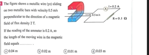 The figure shows a metallic wire (yz) slidin
on two metallic bars with velocity 0.5 m/s
perpendicular to the direction of a magnetic
field of flux density 2 T.
If the reading of the ammeter is 0.2 A, so
the length of the moving wire in the magnetic
field equals _.
a 0.04 m b 0.02m c 0.01 m d 0.03m