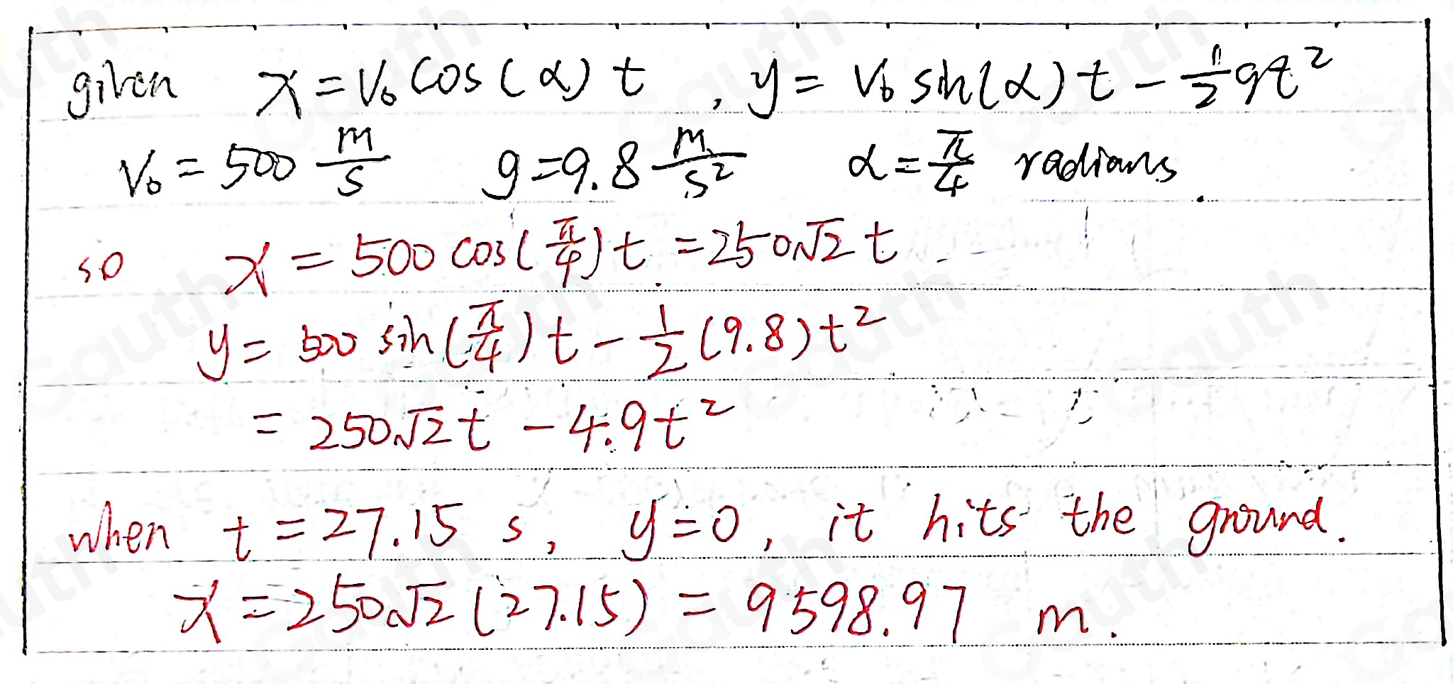 Solved: The trajectory of a bullet is given by x=v_0cos (alpha )t, y=v ...
