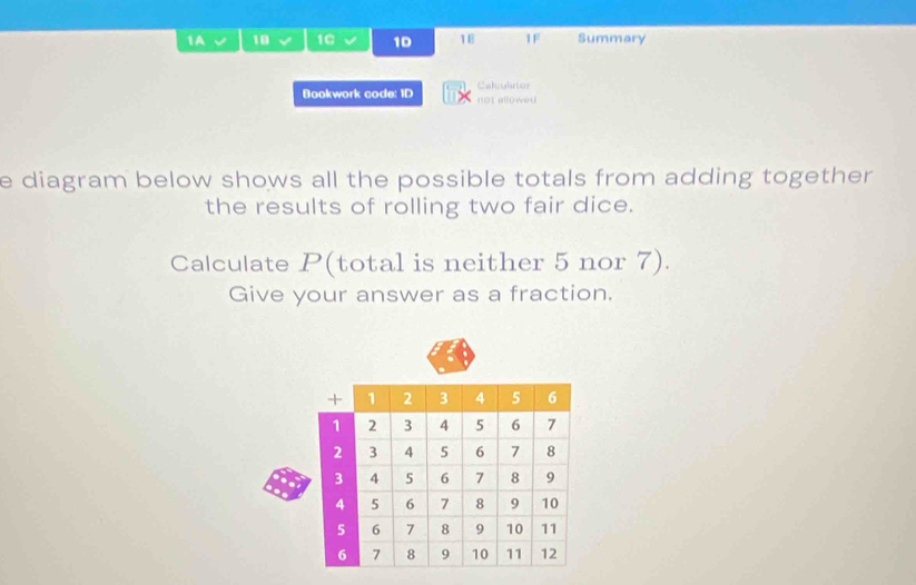 1A √ 18 16 10 18 1F Summary 
Bookwork code: ID not allowed Calcuistos 
e diagram below shows all the possible totals from adding together . 
the results of rolling two fair dice. 
Calculate P (total is neither 5 nor 7). 
Give your answer as a fraction.