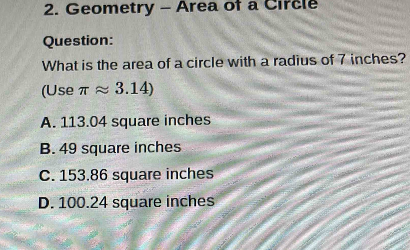 Solved: Geometry - Area of a Circle Question: What is the area of a ...