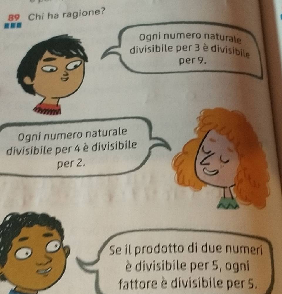 Chi ha ragione? 
Ogni numero naturale 
divisibile per 3 è divisibile 
per 9. 
Ogni numero naturale 
divisibile per 4 è divisibile 
per 2. 
Se il prodotto di due numeri 
è divisibile per 5, ogni 
fattore è divisibile per 5.