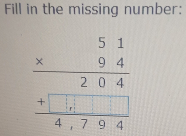 Fill in the missing number:
beginarrayr 51 * 94 hline 204 +□ □ □  +□ 4endarray