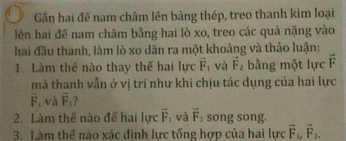 Gần hai đế nam châm lên bảng thép, treo thanh kim loại 
lên hai đế nam châm bằng hai lò xo, treo các quả nặng vào 
hai đầu thanh, làm lò xo dãn ra một khoảng và thảo luận: 
1.Làm thế nào thay thế hai lực vector F_1 và vector F_2 bằng một lực F 
mà thanh vẫn ở vị trí như khi chịu tác dụng của hai lực
overline F_1 và vector F_2
2. Làm thế nào để hai lực vector F_1 và vector F_2 song song. 
3. Làm thế nào xác định lực tổng hợp của hai lực vector F_1, vector F_2.