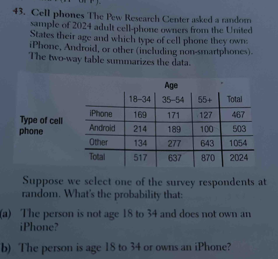 Cell phones The Pew Research Center asked a random
sample of 2024 adult cell-phone owners from the United
States their age and which type of cell phone they own:
iPhone, Android, or other (including non-smartphones).
The two-way table summarizes the data.
Age
Type of cell
phone
Suppose we select one of the survey respondents at
random. What's the probability that:
(a) The person is not age 18 to 34 and does not own an
iPhone?
b) The person is age 18 to 34 or owns an iPhone?