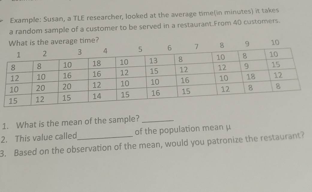 Example: Susan, a TLE researcher, looked at the average time(in minutes) it takes 
a random sample of a customer to be served in a restaurant.From 40 customers. 
1. What is the mean of the sample?_ 
2. This value called_ of the population mean μ
3. Based on the observation of the mean, would you patronize the restaurant?