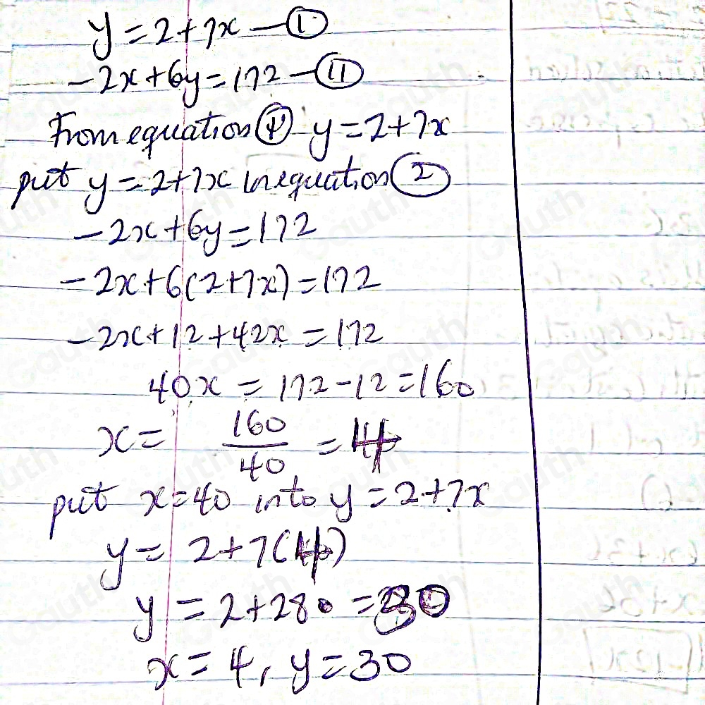 Solved solve for x and y y 2 7x 2x 6y 172 x 30 y 4 x 32 y 226 x