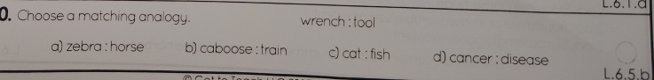 6.1.d
. Choose a matching analogy. wrench : tool
a) zebra : horse b) caboose : train c) cat : fish d) cancer : disease
L.6.5.b