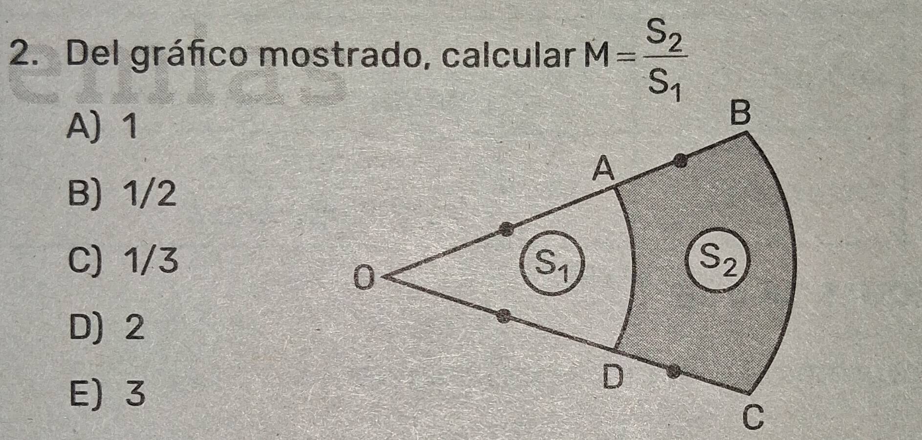 Del gráfico mostrado, calcular M=frac S_2S_1
A) 1
B) 1/2
C) 1/3
D) 2
E) 3