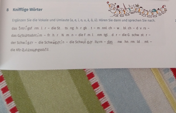 Knifflige Wörter 
Ergänzen Sie die Vokale und Umlaute (a,e,i,o | , u, ā, ö, ü) Hören Sie dann und sprechen Sie nach. 
das Intr gsf rm l r - die St ts ng h r gk t - m nnl ch-w bl ch - d v rs - 
das G b/rtsd@t m - fr h r N m n - die F m l nm tgl d r - die G schw st r - 
der Schw ger - die Schwager n - die Schwe ger ltern - das nw hn rm ld mt - 
die Kfz-Zülüssüngsst Il