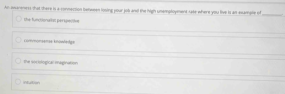 An awareness that there is a connection between losing your job and the high unemployment rate where you live is an example of_
the functionalist perspective
commonsense knowledge
the sociological imagination
intuition