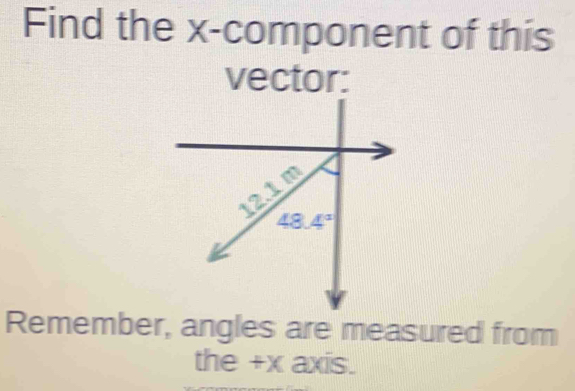 Find the x -component of this 
vector:
12.1 m
48.4°
Remember, angles are measured from 
the +x axis.