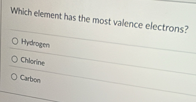 Which element has the most valence electrons?
Hydrogen
Chlorine
Carbon