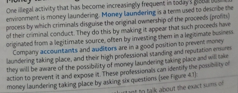 One illegal activity that has become increasingly frequent in today's global bus 
environment is money laundering. Money laundering is a term used to describe the 
process by which criminals disguise the original ownership of the proceeds (profits) 
of their criminal conduct. They do this by making it appear that such proceeds have 
originated from a legitimate source, often by investing them in a legitimate business. 
Company accountants and auditors are in a good position to prevent money 
laundering taking place, and their high professional standing and reputation ensures 
they will be aware of the possibility of money laundering taking place and will take 
action to prevent it and expose it. These professionals can identify the possibility of 
money laundering taking place by asking six questions (see Figure 4.1): 
ant to talk about the exact sums of