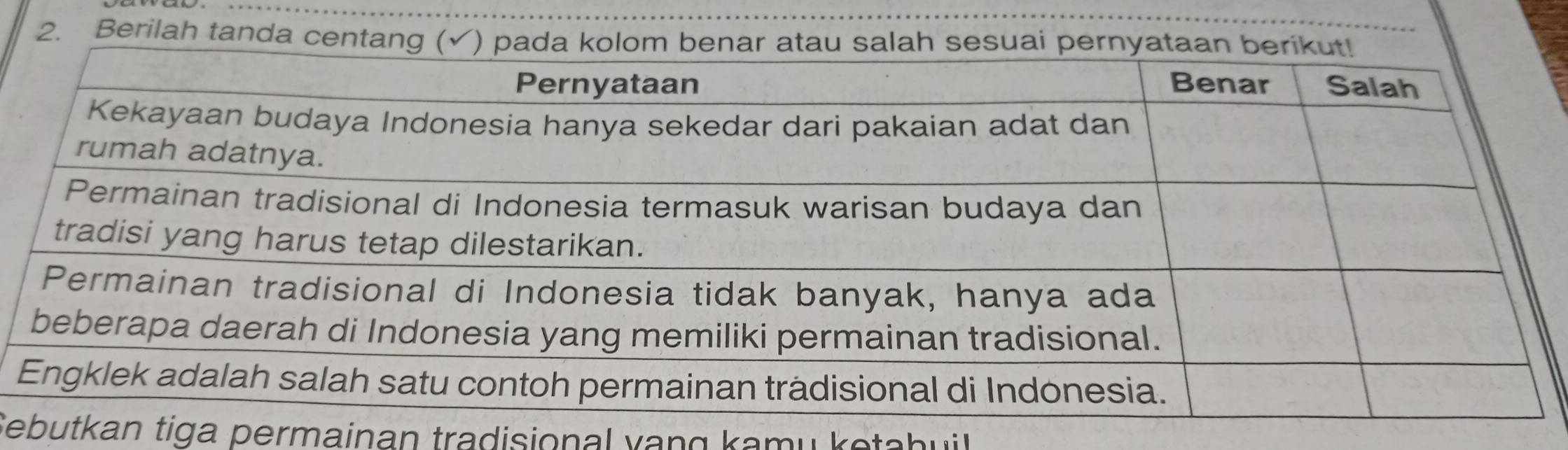 Berilah tanda centang (√)esuai 
Sean tiga permainan tradisional vạng kamu ketahuil