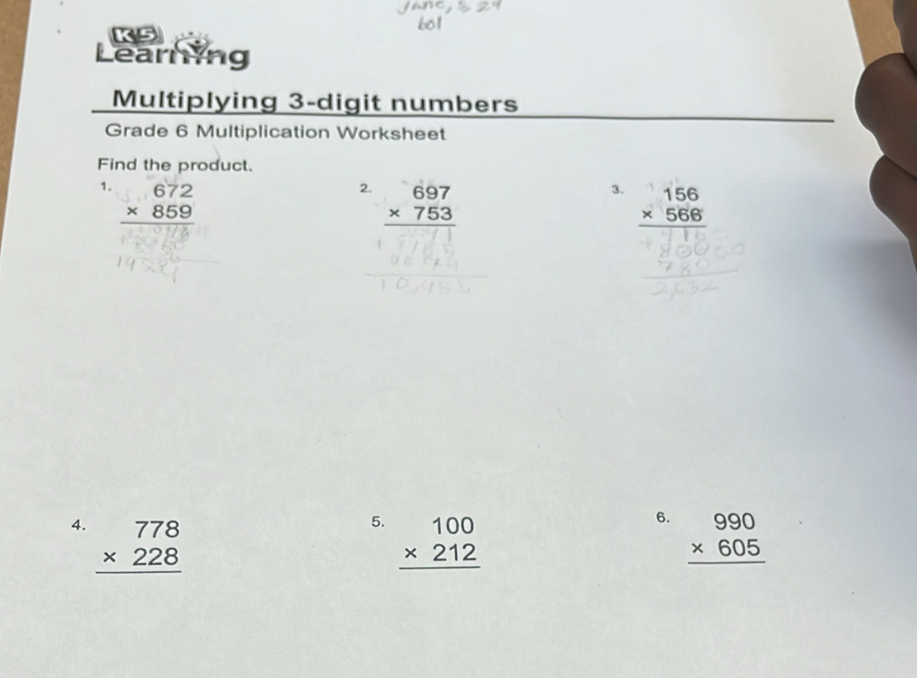 Solved: K5 Learning Multiplying 3-digit numbers Grade 6 Multiplication ...