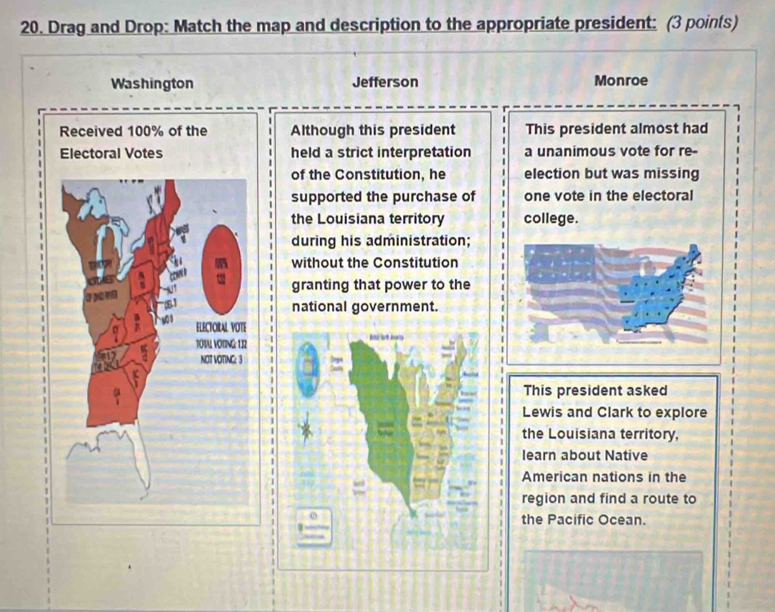 Drag and Drop: Match the map and description to the appropriate president: (3 points)
Washington Jefferson Monroe
Received 100% of the Although this president This president almost had
held a strict interpretation a unanimous vote for re-
of the Constitution, he election but was missing
supported the purchase of one vote in the electoral
the Louisiana territory college.
during his administration;
without the Constitution
granting that power to the
national government.
This president asked
Lewis and Clark to explore
the Louisiana territory,
learn about Native
American nations in the
region and find a route to
the Pacific Ocean.