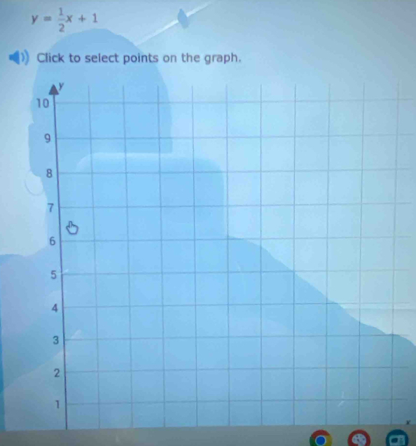 y= 1/2 x+1
Click to select points on the graph. 
+